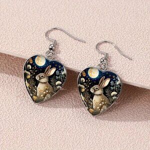 Rabbit Moon Black Heart Shaped Dangle Drop Earrings